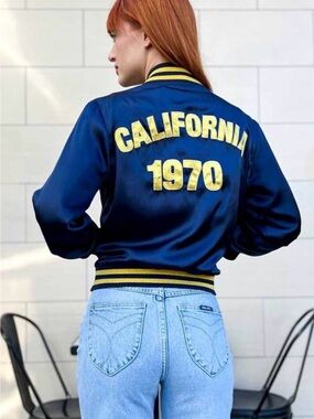 Stoned Immaculate Navy Satin Varsity Jacket with Yellow Lettering